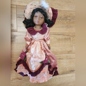 Victorian Style Porcelain Doll Curly Hair Pink Cream Dress 16in